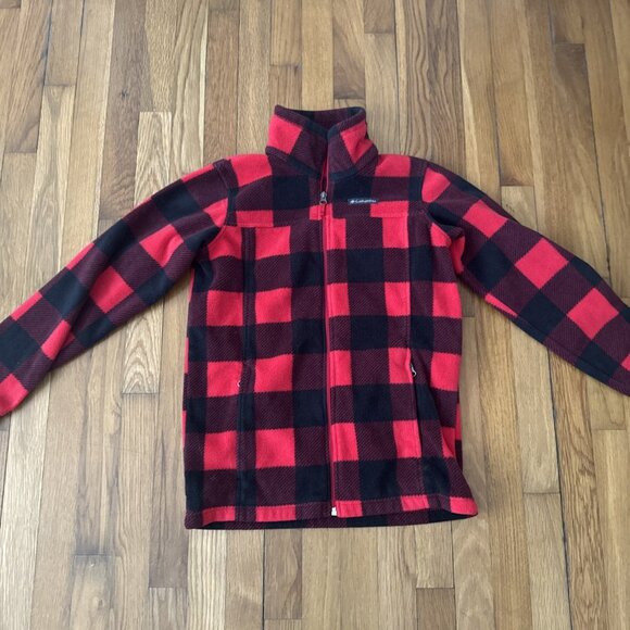 Columbia Buffalo Plaid Red Black Youth Fleece Zip Jacket Size L (14/16) - Picture 2 of 5